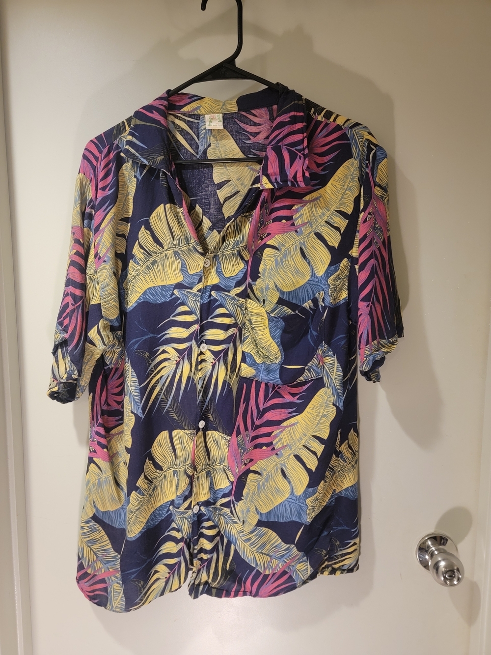 Bali Tropical Button-Front Short Sleeve Shirt - Navy, Yellow & Pink